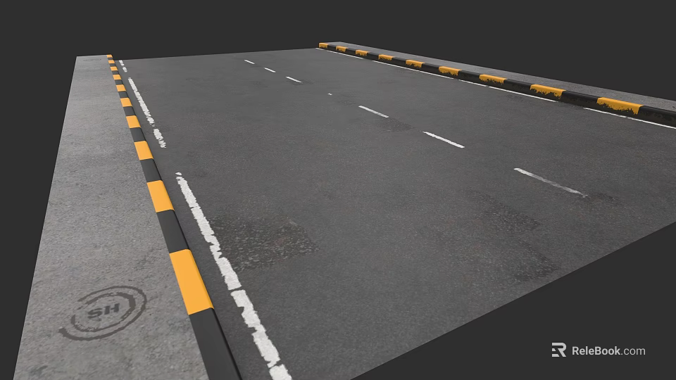 Urban Road Surface With White Dashed Lines Yellow Black Curbs And Manhole Cover 3d model